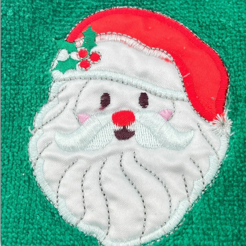 Christmas Santa Face Emerald Green Hand Towel Set Embroidered Holiday Decor